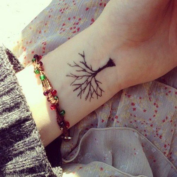 tatuaje de arbol invertido en la muñeca