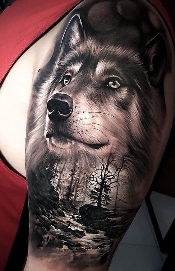 tatuaje de lobo bosque