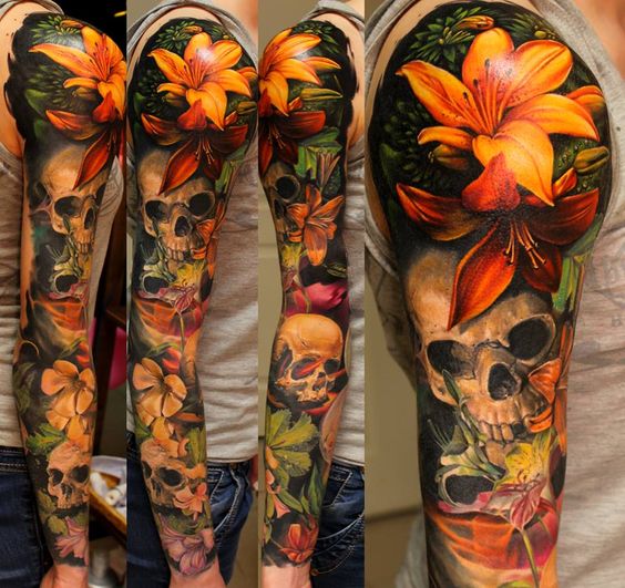 flores y calaveras tatuaje